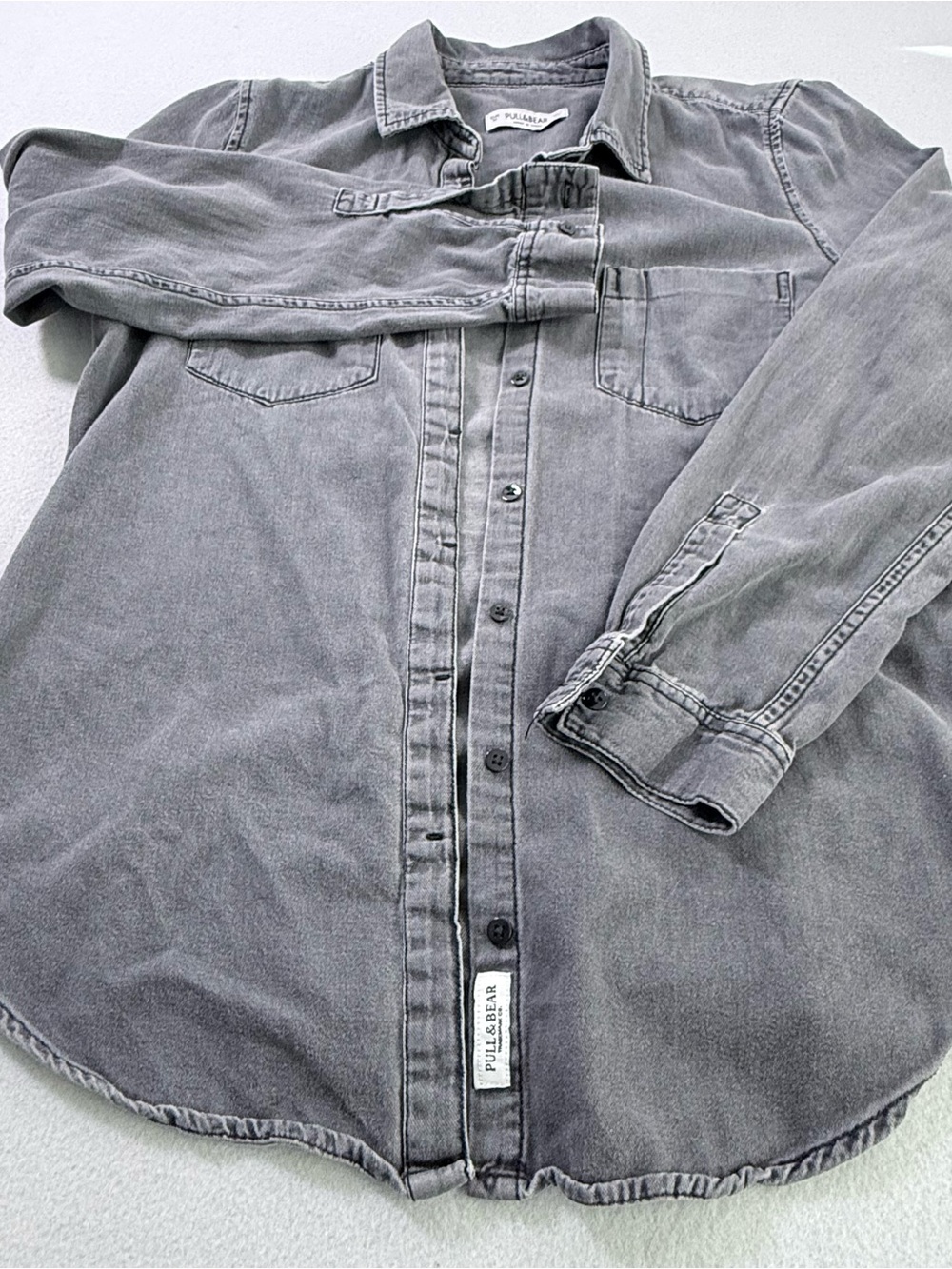 Pull&Bear Grey Black Washed Denim Button Down Shirt Size M
